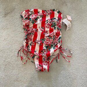 HAH red & pink striped floral strapless one piece bathing suit, NWT size M